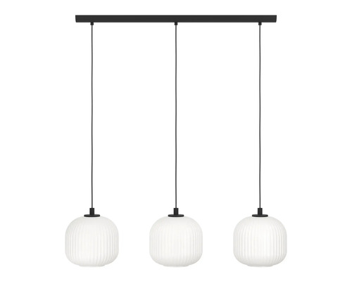 Lumină suspendată cu trei becuri și abajururi din sticlă canelată