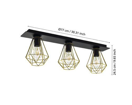 Plafonieră cu trei becuri, cuști metalice și dimensiuni.
