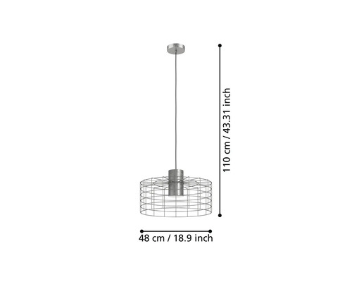 Lumină suspendată cu o înălțime de 110 centimetri și un diametru de 48 de centimetri.