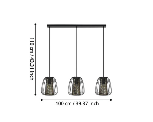 Lustr cu trei lumini și dimensiuni.