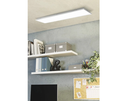 Lumină de tavan într-un birou modern cu rafturi, cărți și decorațiuni.