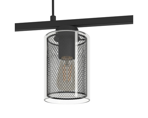 Lampa suspendată cu abajur din sticlă și grilaj metalic