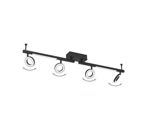 Lumină de plafon cu LED negru, cu patru spoturi și capete reglabile.