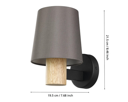 Lumină de perete cu abajur, bază de lemn și dimensiuni