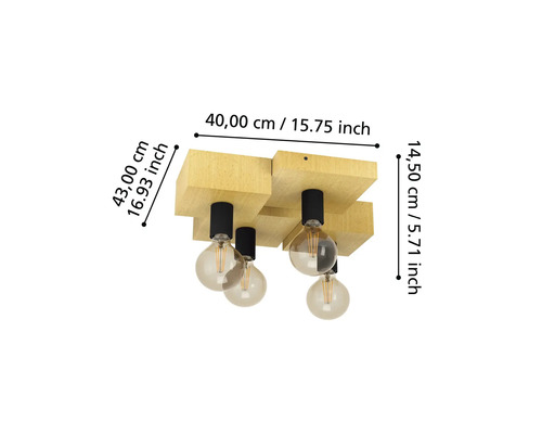 Lumină de plafon din lemn cu patru becuri și dimensiuni