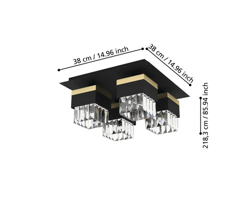 Plafonieră neagră cu elemente de cristal și dimensiuni