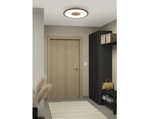 Iluminare discretă a holului cu plafonieră rotundă și garderobă