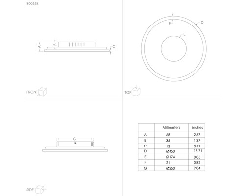 Desen tehnic al unei lămpi cu dimensiuni în milimetri și țoli.