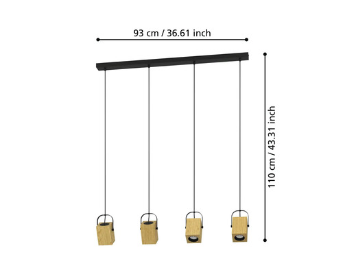 Lampa suspendată cu patru spoturi din lemn și dimensiunile de 93 cm x 110 cm.