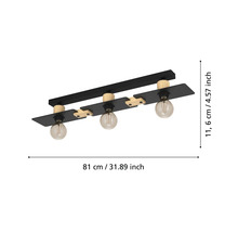Lumină de plafon cu patru becuri, metal și lemn, lățime de 81 de centimetri