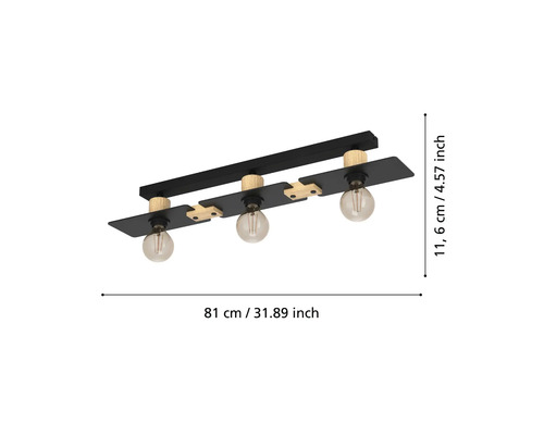 Lumină de plafon cu patru becuri, metal și lemn, lățime de 81 de centimetri