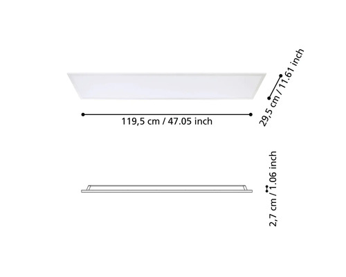 Dimensiunile unei lămpi cu panou LED: lungime 119,5 cm, lățime 29,5 cm și grosime 2,7 cm.