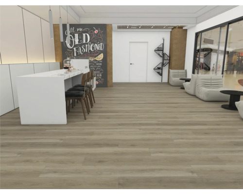 Interior cu podea cu aspect de lemn, tejghea și locuri de ședere