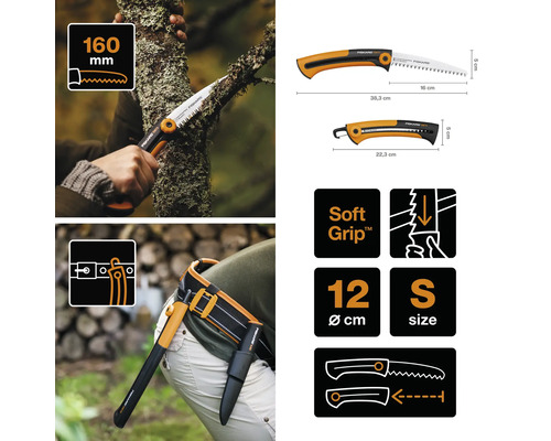 Fierăstrău pliabil Fiskars cu Soft Grip, dimensiuni și simboluri pentru diametru și dimensiune