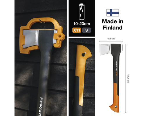 Topor Fiskars X11 pentru despicat, cu protecție pentru lamă și indicații de dimensiune pentru bucățile de lemn