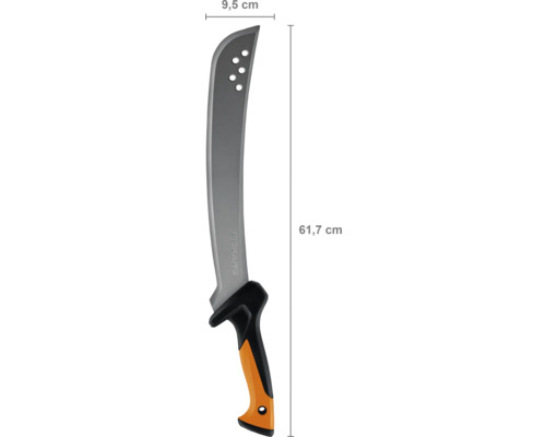 Maceta Fiskars cu dimensiunile de 9,5 cm lățime și 61,7 cm lungime.
