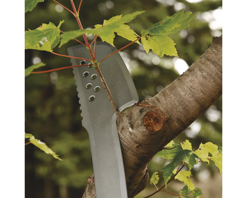 Prim-plan cu un cuțit înfipt într-un trunchi de copac.