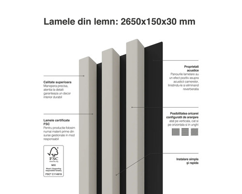 Panouri acustice din lemn, dimensiuni 2650x150x30 milimetri cu sigiliu FSC