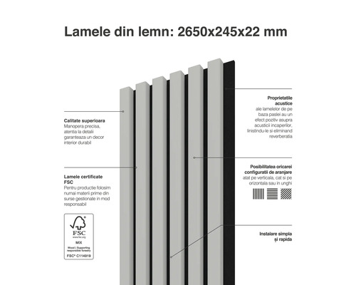 Panouri din lemn cu dimensiunile 2650x245x22 mm și logo-ul FSC pentru gestionarea responsabilă a pădurilor