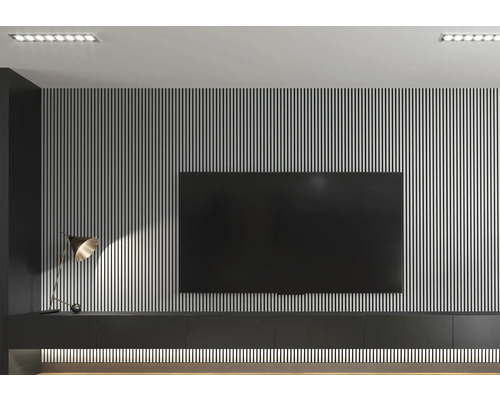 Living modern cu panouri de perete verticale, un televizor negru și un dulap jos