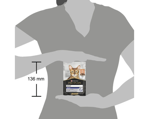 Pachet cu hrană pentru pisici adulte Purina Pro Plan cu informații despre dimensiune.