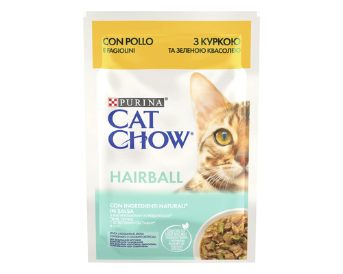 Hrană umedă pentru pisici PURINA Cat Chow Adult Hairball Control cu pui și fasole verde în sos 85g