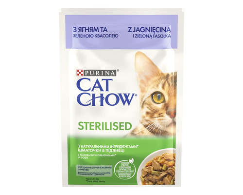 Hrană umedă pentru pisici PURINA Cat Chow Adult Sterilised cu miel și fasole verde în sos 85g