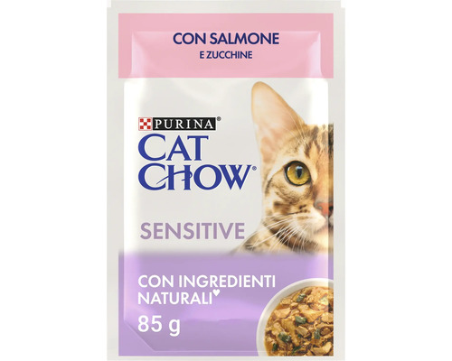 Hrană umedă pentru pisici PURINA Cat Chow Adult Sensitive cu somon și dovlecei în sos 85g
