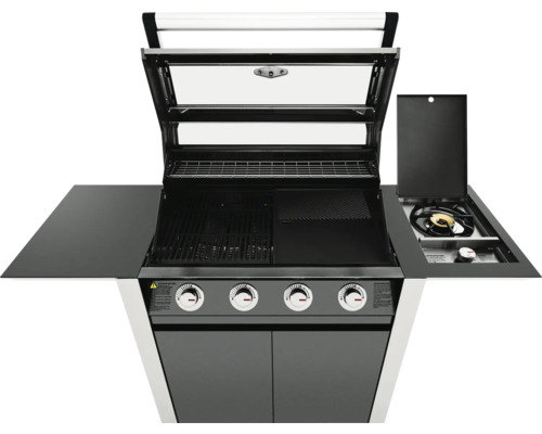 Grătar pe gaz cu patru arzătoare, arzător lateral, grătare și spații de depozitare