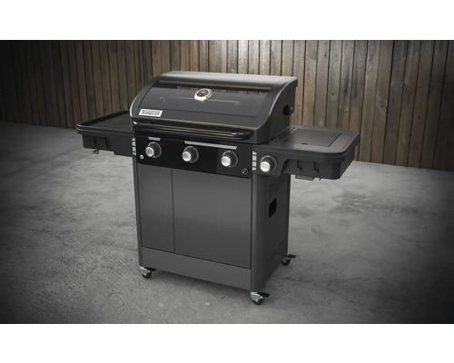 Grătar cu gaz cu trei arzătoare, rafturi laterale și dulap inferior pe roți