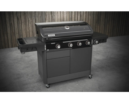 Grătar pe gaz cu patru arzătoare, rafturi, dulap și roți