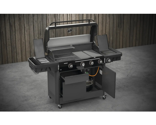 Grătar pe gaz cu mai multe arzătoare şi spaţiu de depozitare pentru exterior