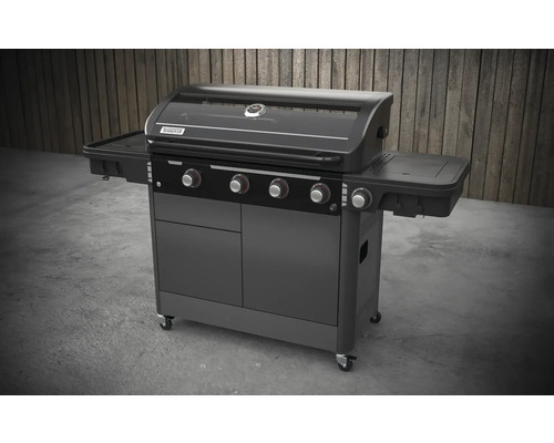 Grătar pe gaz cu patru arzătoare, rafturi laterale și dulap inferior pe role