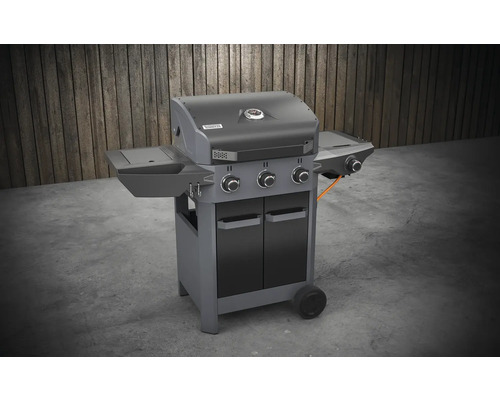 Grătar pe gaz cu trei arzătoare, mese laterale și dulap