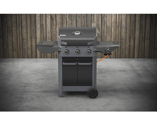 Grătar pe gaz cu trei arzătoare, mese laterale și dulap inferior