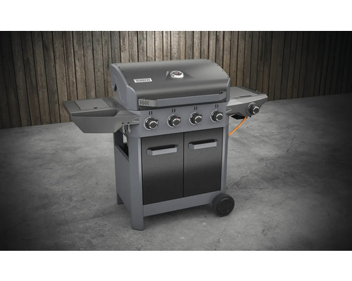 Grătar pe gaz cu patru arzătoare, rafturi de depozitare, dulap inferior și roți