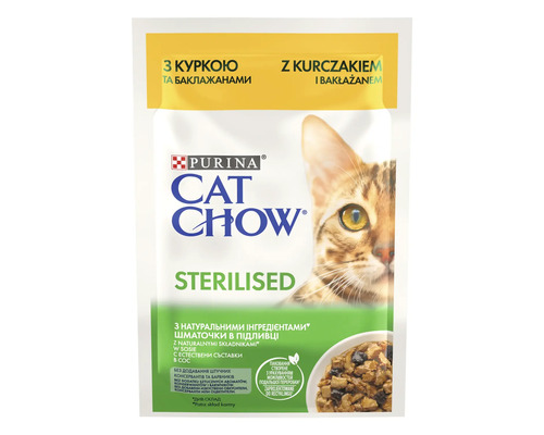 Hrană umedă pentru pisici PURINA Cat Chow Adult Sterilised cu pui și vinete în sos 85g