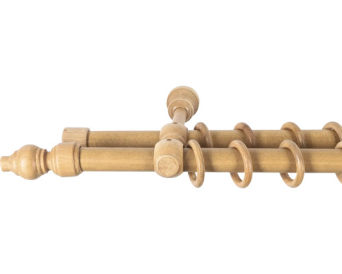 Bară dublă din lemn pentru perdele, cu inele