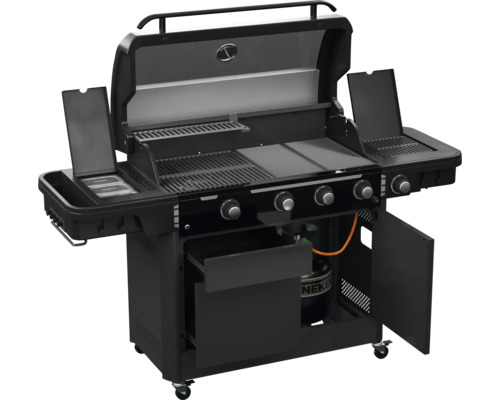 Grătar pe gaz negru cu patru arzătoare, mese laterale și capac deschis.