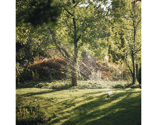 Irigarea grădinii cu aspersor de gazon în grădină sub copaci