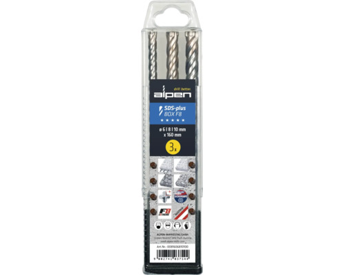 Set burghie Alpen SDS-plus cu trei burghie de dimensiunile 6, 8 și 10 mm, lungime 160 mm