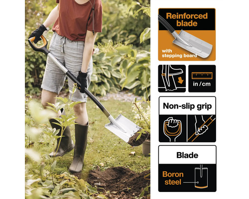 Persoană care folosește o lopată în grădină. Vederi detaliate arată o lamă ranforsată, o muchie de călcare, un mâner anti-alunecare și o lamă din oțel bor.