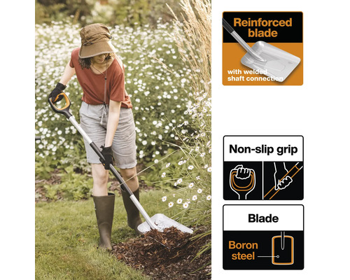 Femeie lucrează cu o lopată în grădină. Detalii produs: lamă ranforsată, mâner anti-alunecare, lamă din oțel bor.