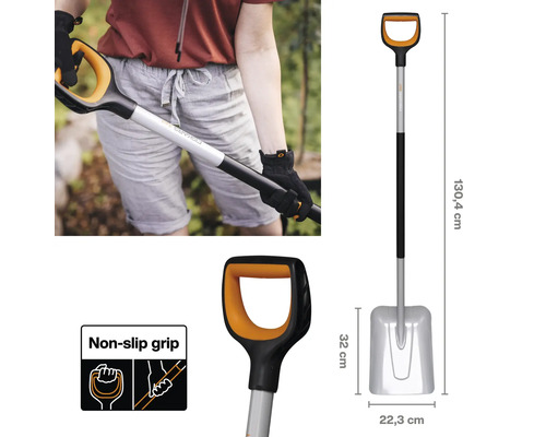 Lopată de zăpadă Fiskars cu mâner în formă de D și indicații de dimensiuni