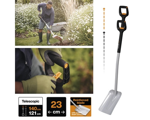 Scenă de grădină cu o lopată telescopică Fiskars, lungime de la 121 la 140 de centimetri, lățimea lamei de 23 de centimetri