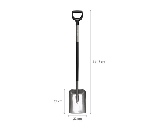 Lopată de zăpadă cu mâner D, dimensiuni 131,7 cm lungime, 32 cm înălțime și 23 cm lățime