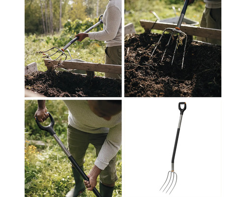 Imagine din mai multe părți cu o furcă de săpat care afânează pământul într-un strat de grădină.