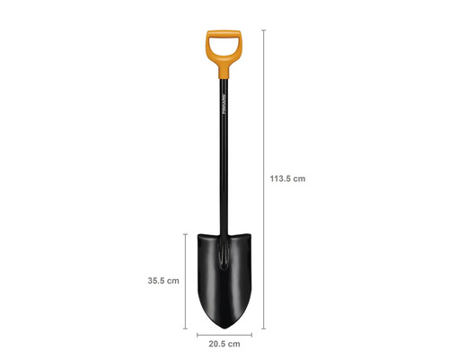 Cazma cu mâner D și dimensiunile 113,5 cm înălțime, 35,5 cm lungime lamă și 20,5 cm lățime lamă