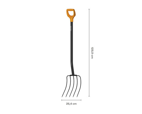 Furcă de gunoi de grajd Fiskars cu patru dinți și dimensiunile de 128,9 cm înălțime și 26,4 cm lățime