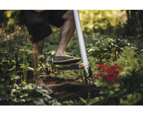 Scenă de grădină cu o persoană care folosește un dispozitiv de scos buruieni pentru a îndepărta buruienile din pământ.